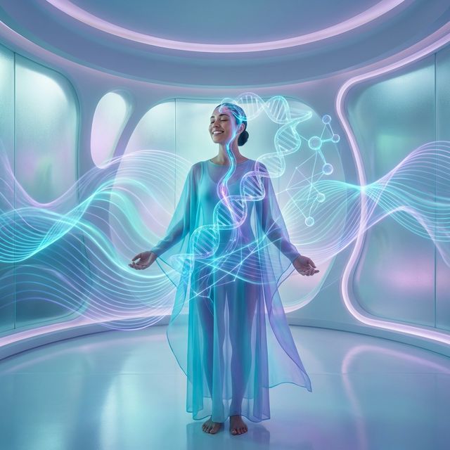 Human figure in a state of joy and coherence surrounded by harmonic waves of light activating DNA