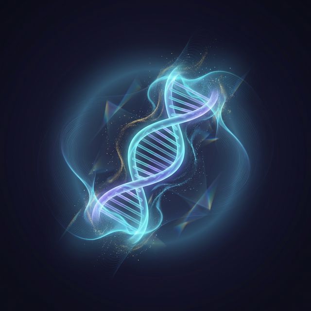 Human DNA double helix emerging from a luminous field of consciousness energy