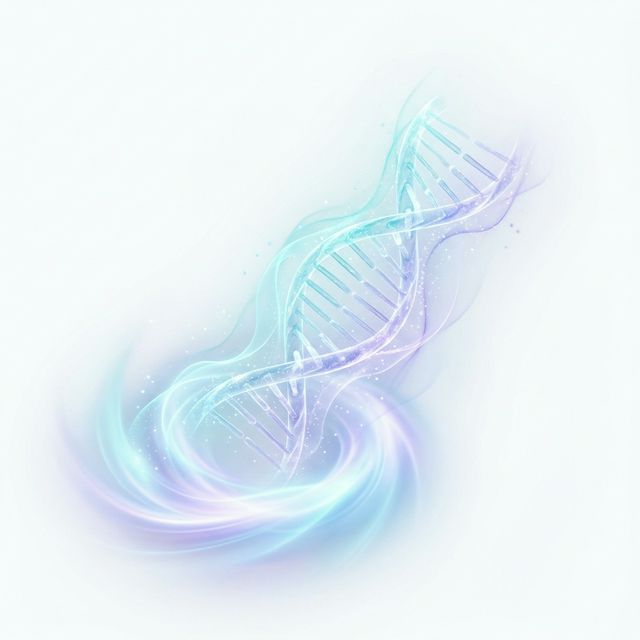 Human DNA double helix emerging from a luminous field of consciousness energy