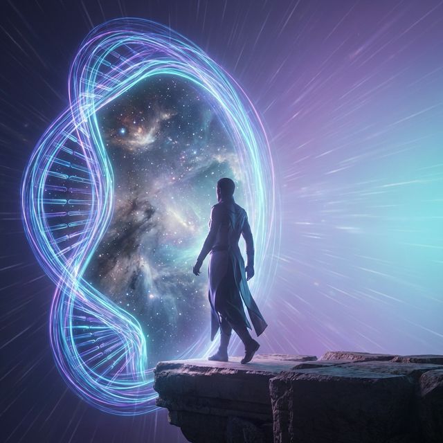 Human figure stepping through a luminous DNA-shaped portal into expanded space
