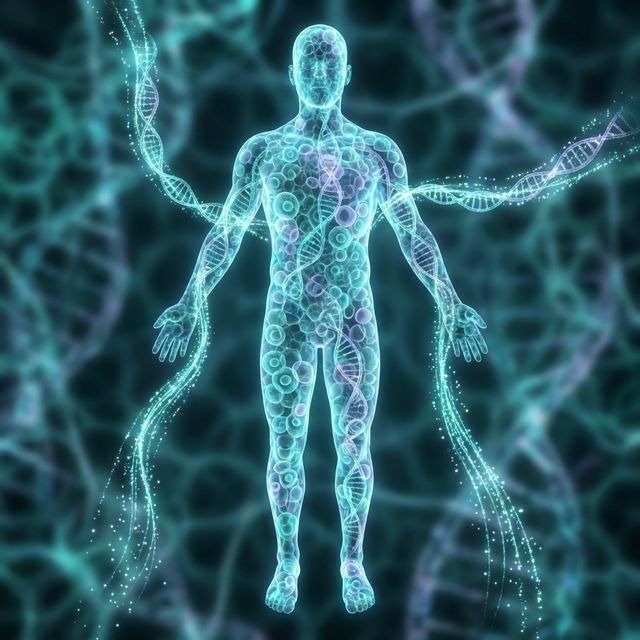 Human body composed of semi-transparent cells regenerating with flowing light particles