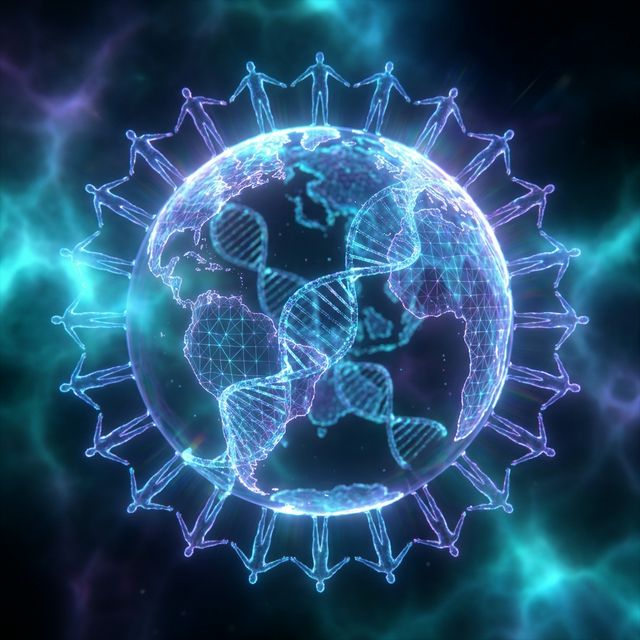 Multiple human silhouettes connected by luminous networks forming a global grid