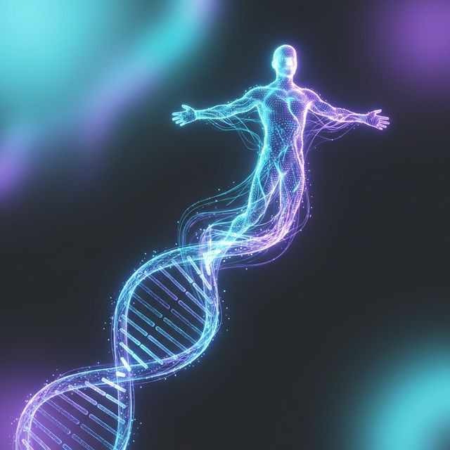 Human evolution concept emerging from a luminous DNA double helix into a fully formed human figure