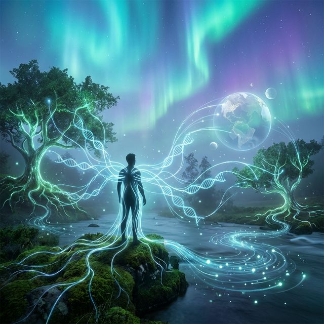 Human figure connected to nature through luminous energy lines linking DNA patterns with trees
