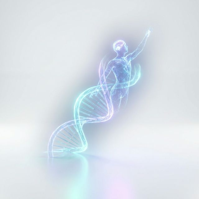 Human evolution concept emerging from a luminous DNA double helix into a fully formed human figure
