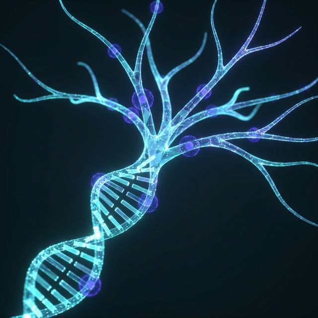Detailed human DNA helix transforming into branching pathways representing multiple evolutionary possibilities