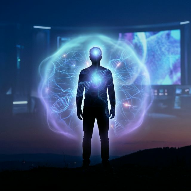 Human silhouette with expanding luminous field around the head and heart, neural network patterns and subtle DNA structures