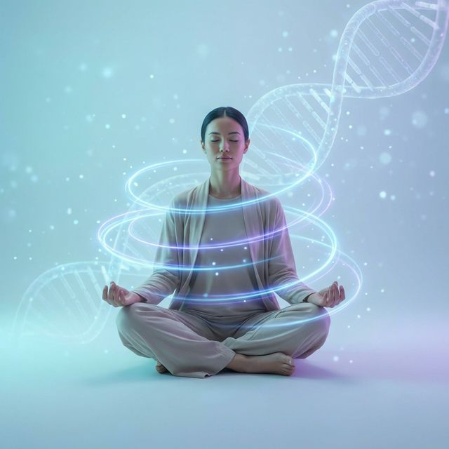 Person in peaceful meditative state surrounded by flowing luminous sound waves forming spiral patterns
