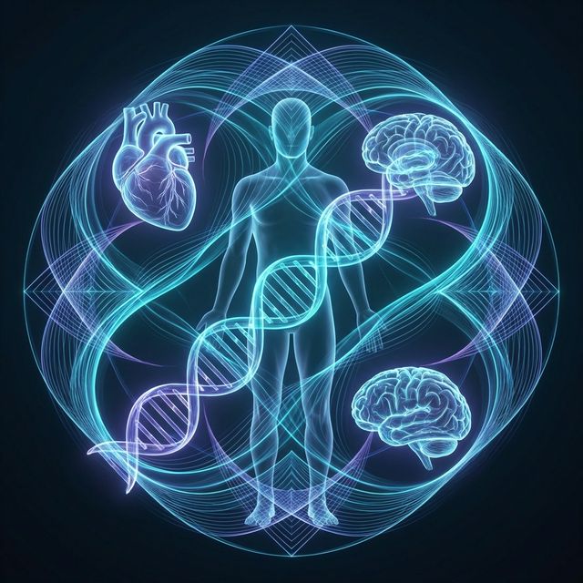 Concept illustration showing heart, brain and DNA connected by synchronized light waves