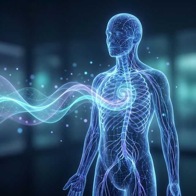 Transparent human silhouette with visible nervous system and cellular network being influenced by flowing sound waves