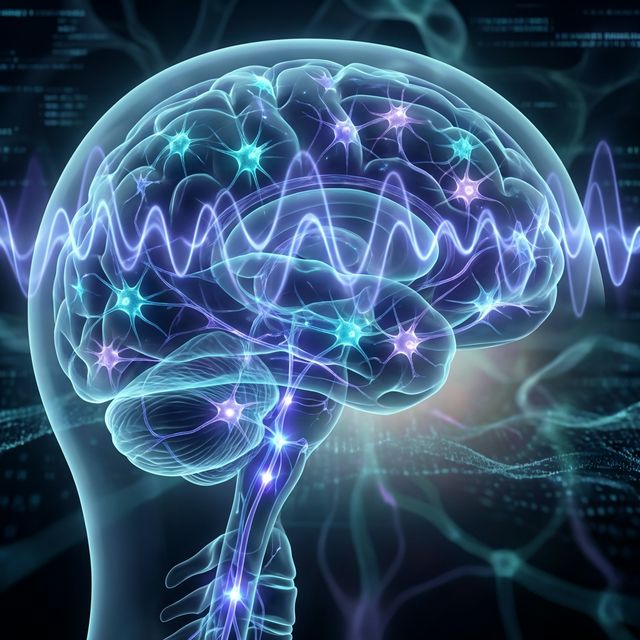 Neural network inside human brain illuminated by rhythmic sound waves