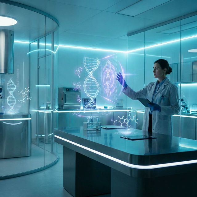 Modern scientific workspace with holographic DNA models