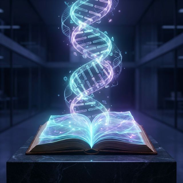 Open luminous book transforming into a floating DNA double helix made of light