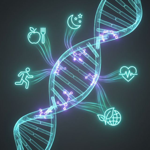 DNA strand surrounded by symbolic lifestyle elements influencing gene expression