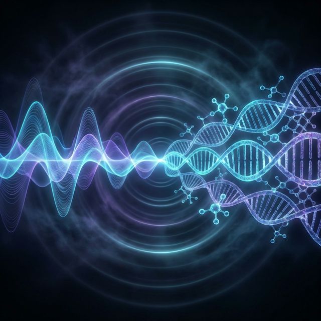 Abstract sound waves transforming into molecular patterns and DNA structures