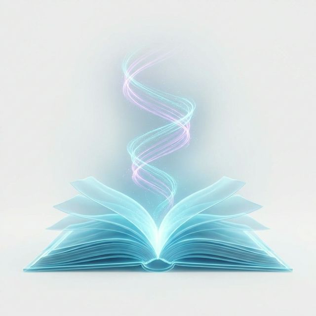 Open luminous book transforming into a floating DNA double helix made of light
