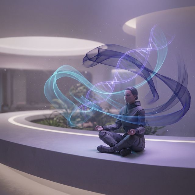 Person in calm meditation surrounded by flowing luminous patterns