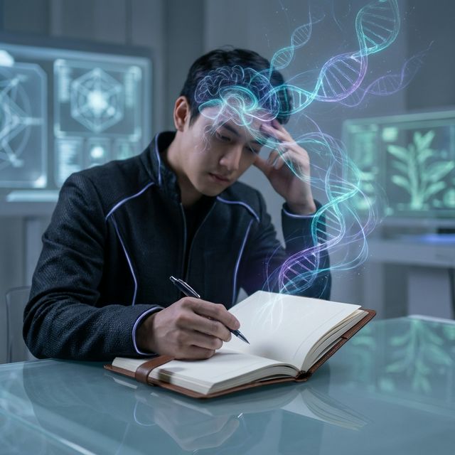 Human figure writing in a journal with subtle luminous neural and DNA patterns