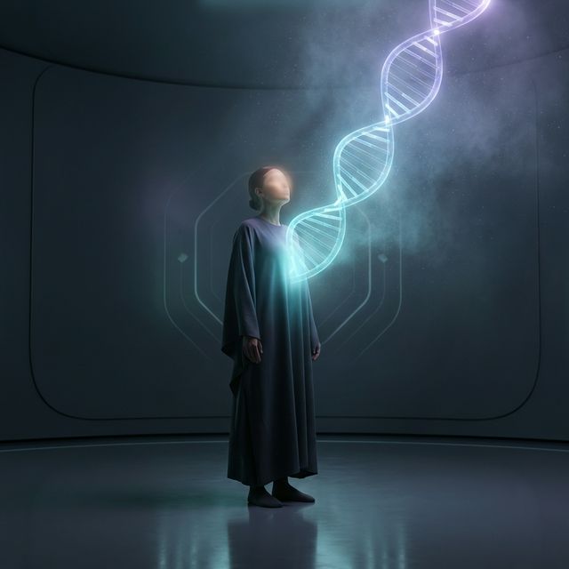 Human figure standing in a calm luminous environment with a transparent DNA double helix