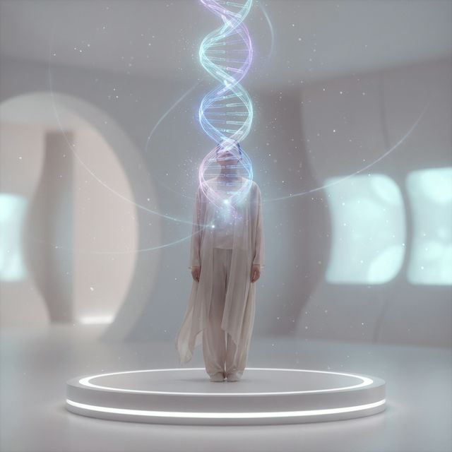 Human figure standing in a calm luminous environment with a transparent DNA double helix